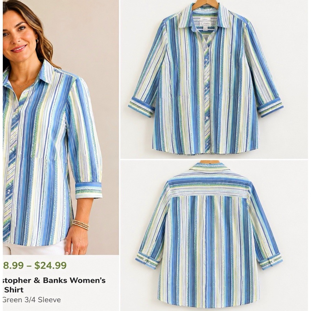 C.J. Banks Striped Button Front Tunic Collared 3/4 Sleeve Top 1X Blue Green
